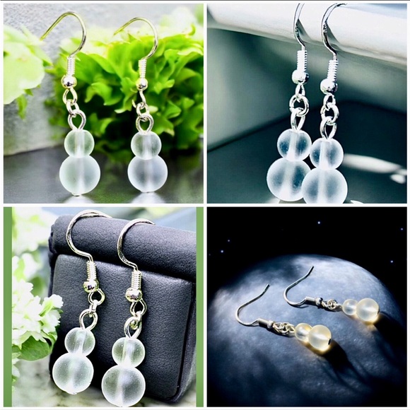 White Frosted Glass Droplet Earrings - Picture 3 of 5